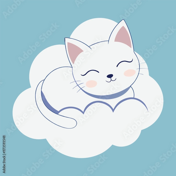 Fototapeta Cute cat sleeping on clouds vector cartoon illustration