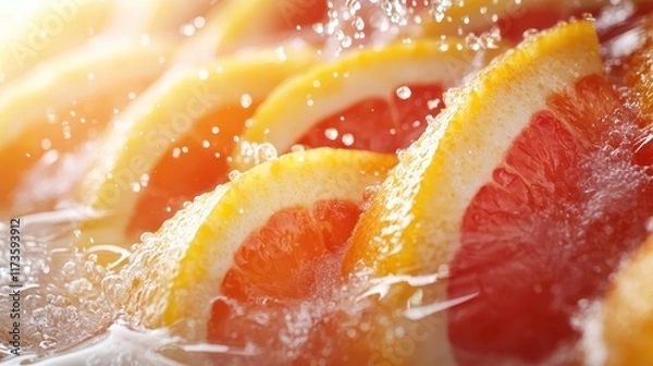 Fototapeta Slices of fresh oranges suspended in bubbly water, sparkling in the light, creating an invigorating and refreshing visual ideal for a healthy lifestyle concept.