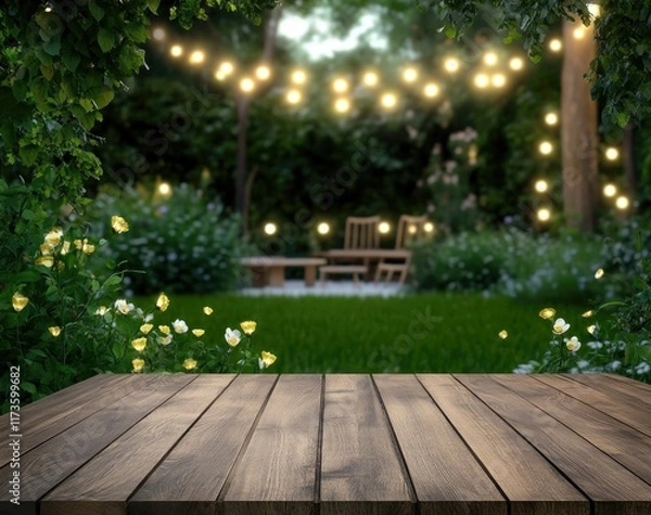 Fototapeta An exquisite outdoor garden ambiance is beautifully illuminated with string lights, surrounded by thriving greenery under the enchanting evening sky
