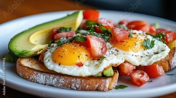 Obraz A hearty dish of eggs paired with sliced avocado on toast, adorned with tomato chunks and herbs. Ideal for a nutritious start to the day.
