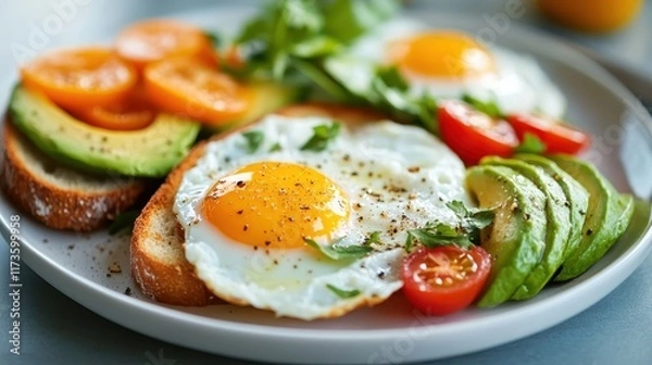 Fototapeta A vibrant breakfast plate featuring fried eggs with fresh avocado, cherry tomatoes, and toast. Perfect for a healthy and satisfying morning meal.