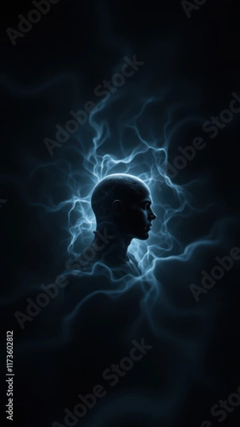 Fototapeta A captivating digital artwork featuring an AI's human-like form with electrifying energy emanating from its head.