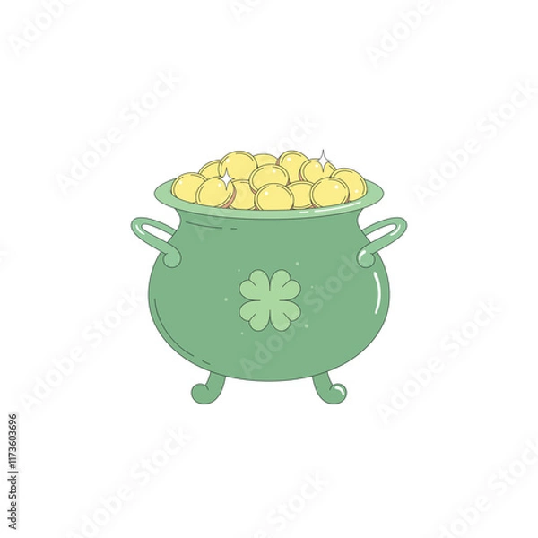 Fototapeta Leprechaun's Pot of Gold. Green pot with a four-leaf clover full of gold coins. The symbol of the St. Patrick's Day holiday.