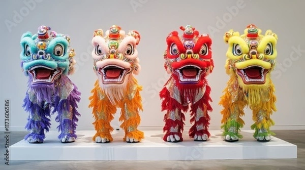 Fototapeta Vibrant Lion Dance Costumes Displayed in Unique Textures