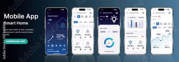 Obraz A sleek smart home application interface template featuring modern icons and a gradient design. Includes navigation menus for managing devices, monitoring security, controlling temperature