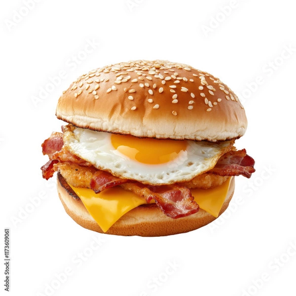 Fototapeta Breakfast sandwich with egg and bacon in a sesame bun. A delicious combination of crispy bacon, fried egg, and melted cheese. Isolated on transparent background, png.