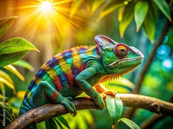 Fototapeta Vibrant Chameleon in Lush Tropical Landscape - Stock Photo