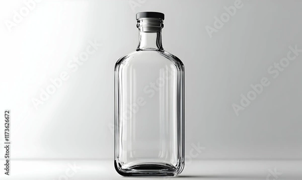 Fototapeta Clear glass bottle with black cap on white background.  Empty container for various liquids.