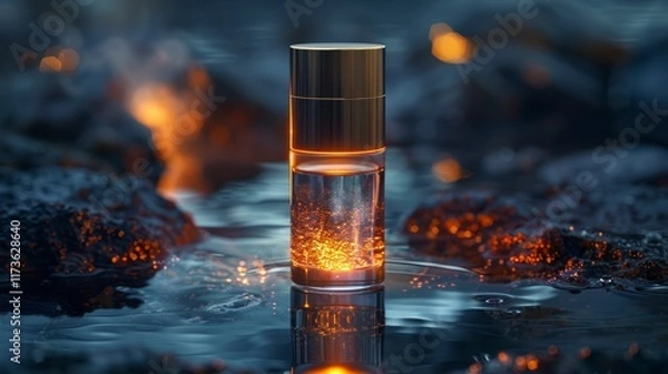 Fototapeta A Glass Bottle with Gold Cap and Shimmering Liquid on Volcanic Rocks