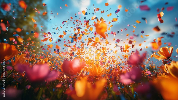 Fototapeta A blurred gradient background with confetti in the air. 