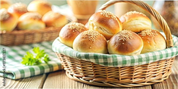 Obraz Freshly baked buns in a rustic kitchen basket ready to be served with a side of herbs