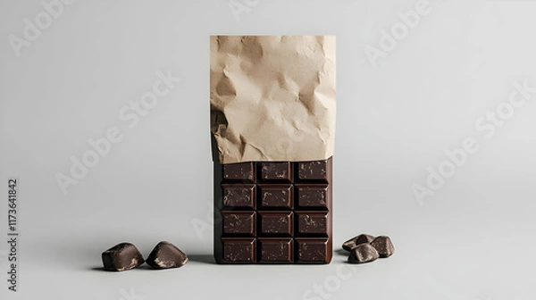 Fototapeta Dark chocolate bar in crumpled paper packaging with chocolate pieces.