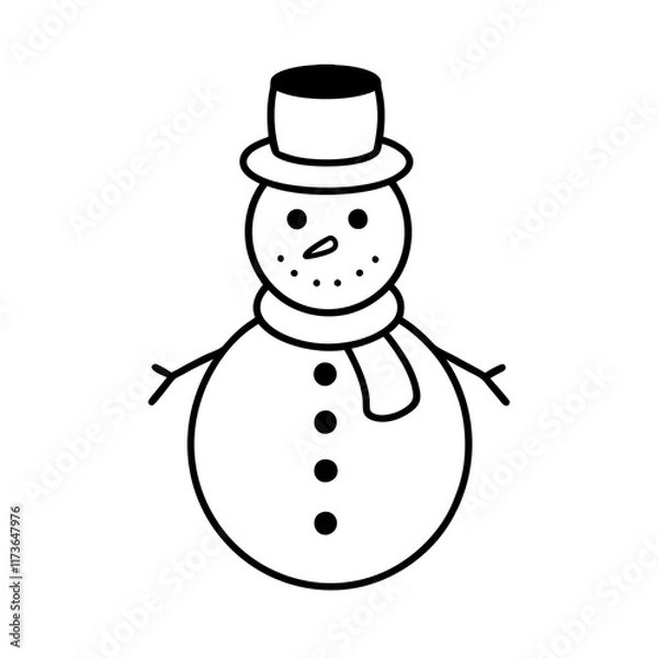Fototapeta snowman with a scarf and hat line art vector on white background. 