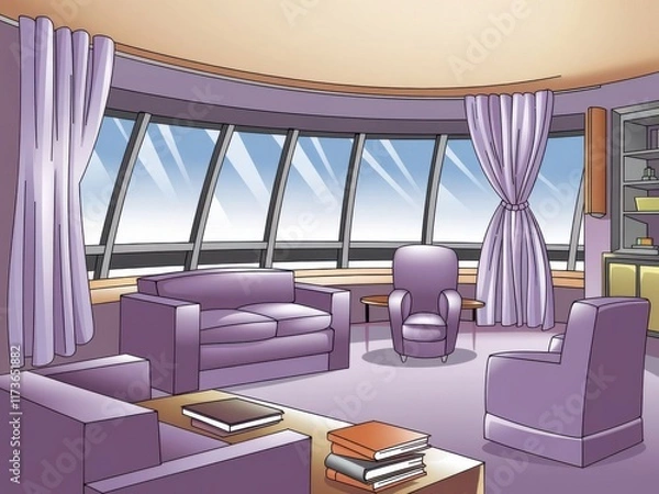 Fototapeta Cartoon style modern living room with purple furniture and curtains on panoramic window. Vector cartoon illustration of empty lounge interior with sofa, table