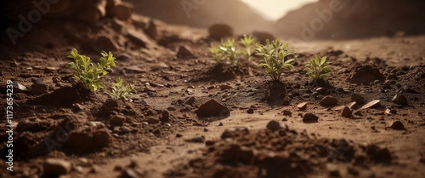 Obraz New plants sprouting in dry soil at sunset near rocky landscape offering hope for regeneration and growth