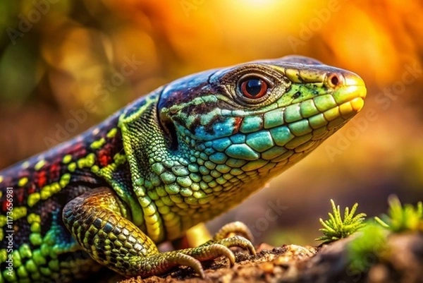 Fototapeta Wall Lizard Closeup with Bokeh Background - Sunny Day Reptile Photography