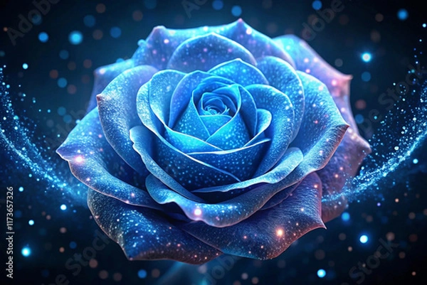 Obraz Sparkling blue rose with magical glitter effect on dark background.