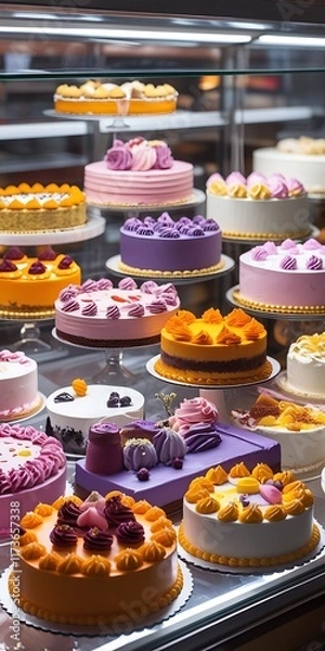 Fototapeta Glass display case filled with an assortment of colorful cakes, each uniquely designed and enticingly arranged