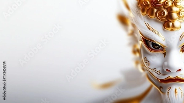 Fototapeta A close-up of an ornate mask featuring intricate details, golden accents, and a mysterious expression, set against a minimalistic background.