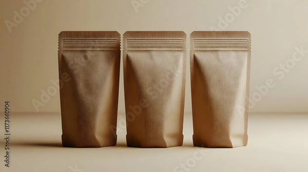 Fototapeta Three brown kraft paper stand-up pouches with resealable zippers on a beige background.  These are perfect for packaging food, coffee, tea, or other products.