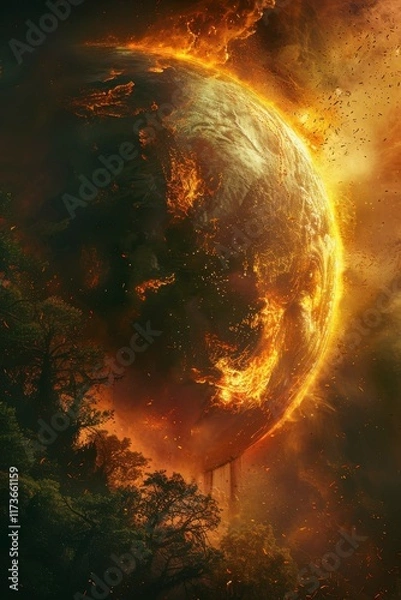 Fototapeta A fiery, apocalyptic depiction of Earth, engulfed in flames, surrounded by dark foliage and atmospheric chaos, suggesting destruction and urgency.