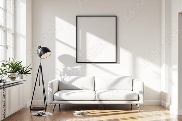 Fototapeta Minimalist living room interior with blank vertical frame above white sofa on wooden floor, bright natural light through large windows.
