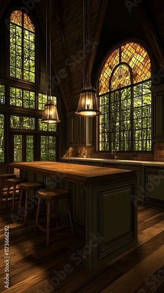 Fototapeta Rustic kitchen with stained glass windows, wooden island, and pendant lights.