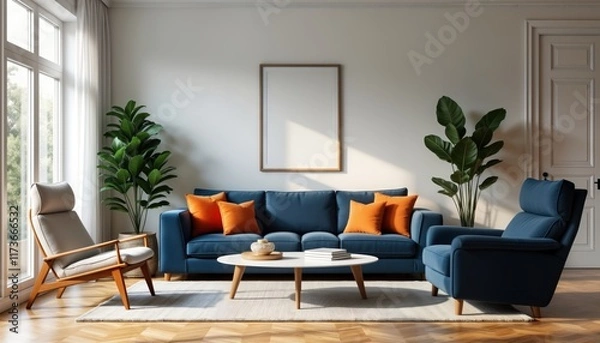 Fototapeta Modern Scandinavian living room with dark blue sofa, recliner chair. Cozy, stylish interior design. Empty room with orange accent pillows. Wooden floor, white walls. Stylish coffee table, potted