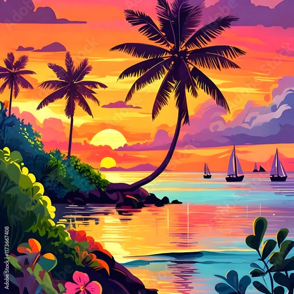 Fototapeta As sun rises over thehorizon on a sunny Miami morning, the panoramic view with the vibrant colors of sunrise casts a warm glow over the sparkling water, creating a breathtaking scene that illustration