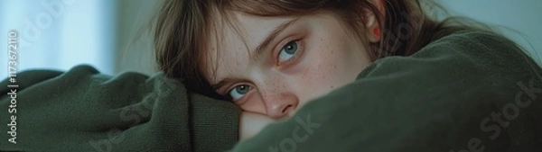Fototapeta Youthful gaze with contemplative expression, soft natural light, relaxed posture, cozy setting, tranquil mood.
