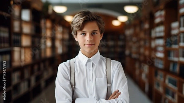 Fototapeta The charm of learning: The boy in the white shirt becomes the main actor of the photo shoot in the library. The professional look and naturalness make this shot special