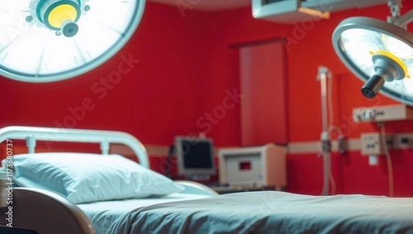 Obraz Hospital operating room with surgical lights and empty patient bed ready for procedure preparation