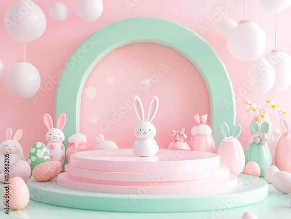 Obraz A vibrant Easter scene with a pink light blue arch, topped by a bunny statue Surrounded by colorful stuffed rabbits, Easter eggs, and baskets of eggs Whimsical style, symbolizi - Generative AI