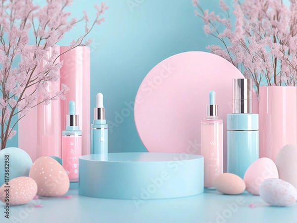 Obraz Image of a pastel-colored cosmetic collection on light blue and pink surface, featuring bottles with silver caps, lipsticks, eyeshadows, highlighters, and speckled eggs - Generative AI