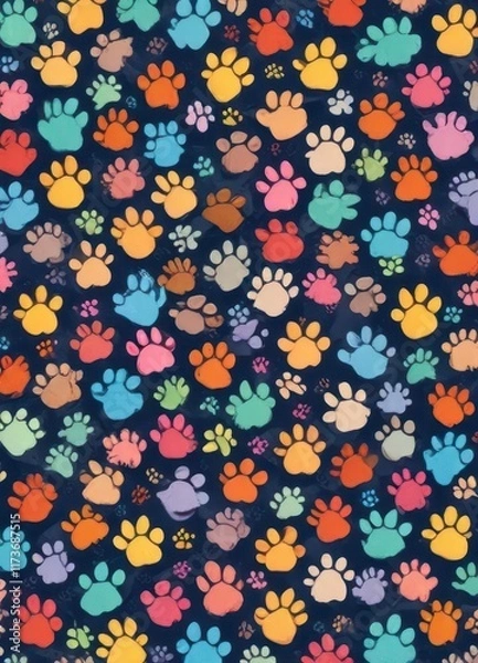 Fototapeta Colorful dog paw seamless pattern with cartoon style doodle illustration,  toy,  design