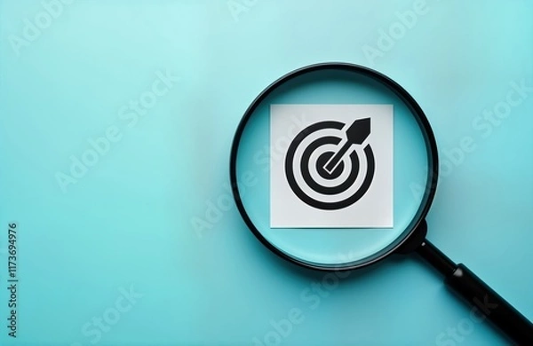 Fototapeta Magnifying glass focuses on target board graphic. Business objective highlighted on light blue background. Visualizes business success strategy. Focuses on achieving goals. Image displays simple but