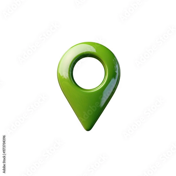 Obraz Green 3D location pin icon with a hole in the center, sleek and glossy design. Suitable for map markers, navigation, and location services. Isolated on transparent background, png.
