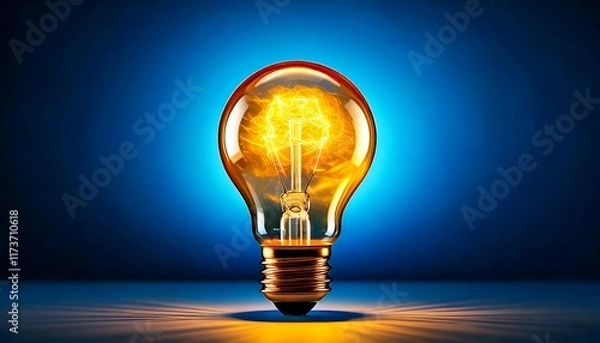 Fototapeta Glowing lightbulb radiates warm yellow light against a vibrant blue background creating a captivating ambiance. Generative AI