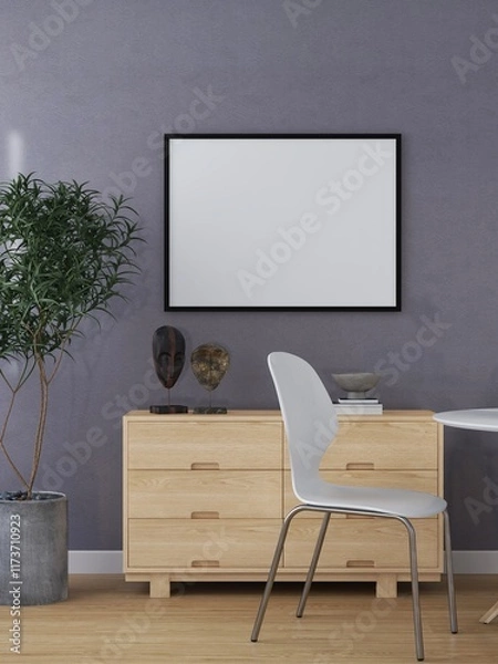 Fototapeta Horizontal frame mockup in a dining room with sideboard, table, chairs and ornamental plants. 3D rendering, interior design, 3D illustration