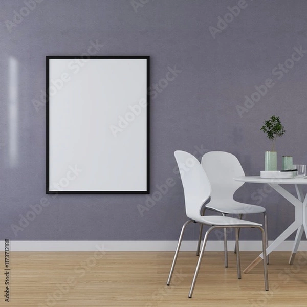 Obraz Vertical frame mockup in a dining room with table, chairs and table decorations. 3D rendering, interior design, 3D illustration