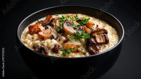 Fototapeta A bowl of mushroom and pasta with parsley