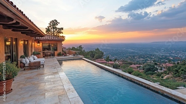 Fototapeta Sunset view from luxury home pool.