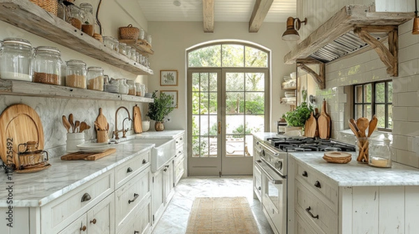 Obraz Rustic kitchen with garden view, open French doors, and organized shelves
