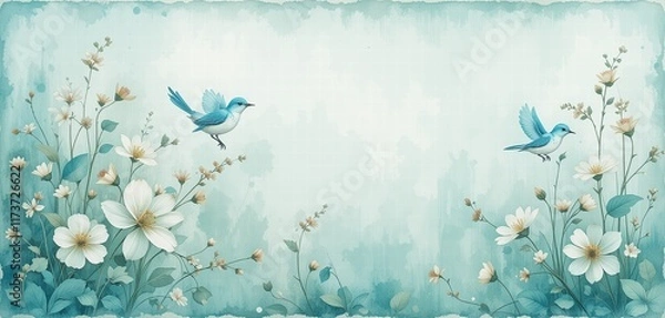 Fototapeta Blue birds perched among blooming white flowers in a serene floral landscape