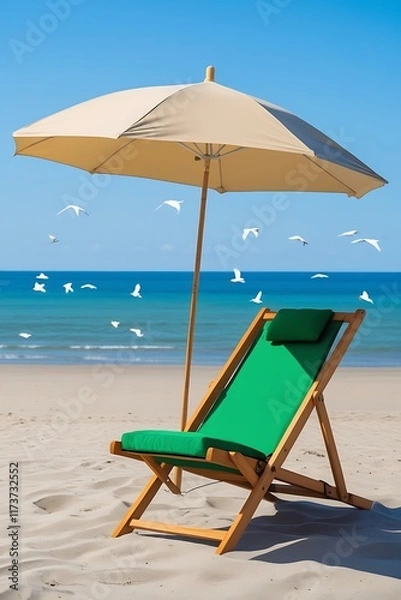 Fototapeta Chair sits on the beach, shaded by a white umbrella, with the ocean waves gently lapping in the background