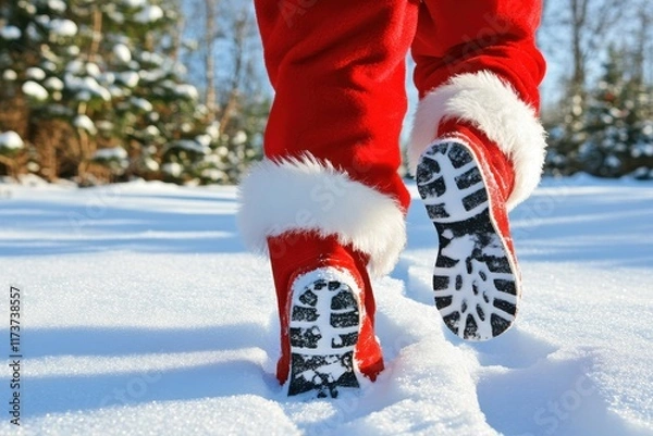 Fototapeta Red boots walking in snowy winter wonderland. Festive footprints in the snow. A magical winter scene.