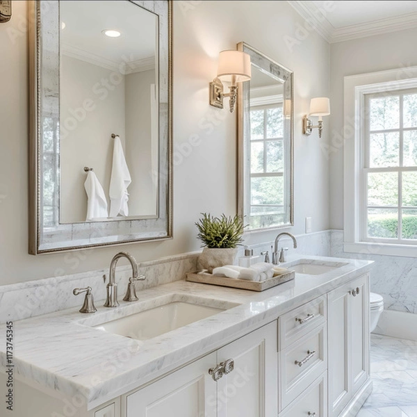 Fototapeta primary bathroom interior design image with marble counter tops and white bathroom sink cabinet with two sinks and faucets antique mirror polished nickel wall scones tr