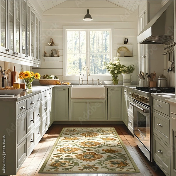 Fototapeta A kitchen with white cabinets and light green trim featuring an allyear round patterned carpet in the center of the room The design includes small flowers and leaves on