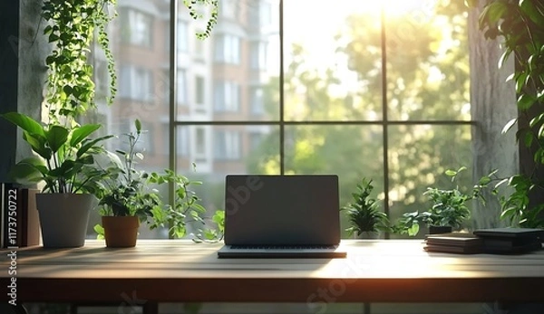 Fototapeta A modern laptop is placed on the table, with large windows in front of it and green plants outside.
