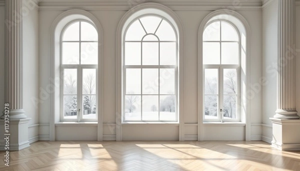 Fototapeta Spacious room with large arched windows winter landscape. Classic architecture design with ornate details. Elegant, symmetric structure. Light, shadows on wooden floor. Vintage style. Timeless